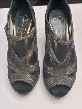 Jessica Simpson Metallic Bronze Mesh Peep-Toe Heels with Crisscross Detail